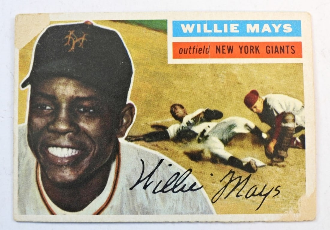 1956 TOPPS #130 WILLIE MAYS: GOOD/FAIR - missing paper TOP LEFT & BOTTOM RIGHT CORNERS plus BACK of CARD
