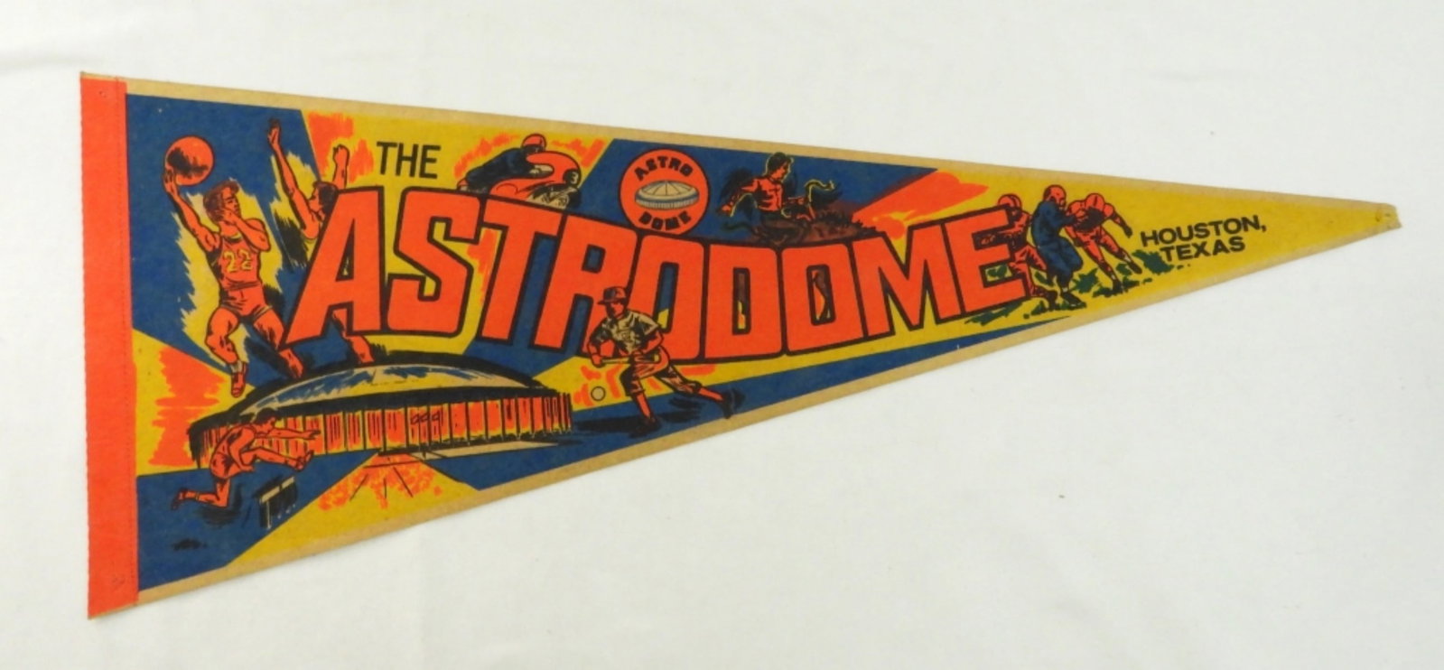VINTAGE THE ASTRODOME HUSTION TEXAS PENNANT: 30X12, DOES HAVE FADED FROM THE YEARS AND DOES HAVE PIN HOLES IN SOME SPOTS, RIP AT END POINT OF PENNANT, IN A PENNANT SLEEVE