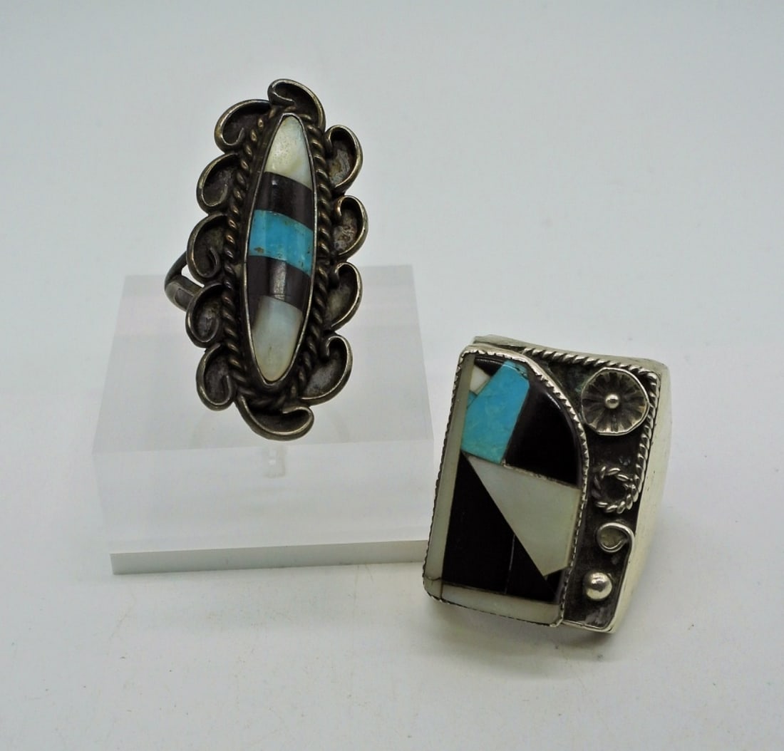 Sterling Zuni Style Southwestern Rings: Sterling Silver Southwestern Rings with Mother of Pearl inlay, Onyx inlay and Turquoise inlay. Size 5.5 & 11. 25.5 DWT