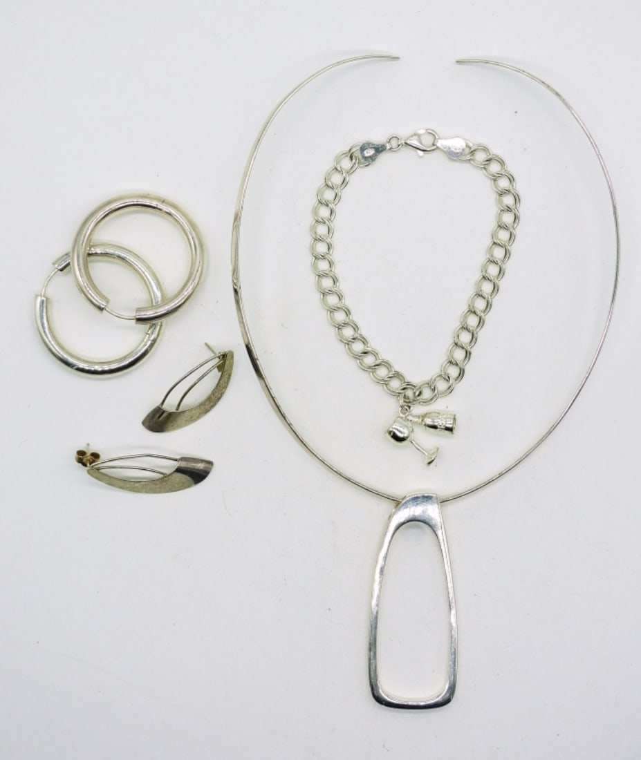 (4) Piece Modernist Sterling Lot: Choker Length solid Necklace with Large Sterling Modernist Pendant. Two Pair of Sterling Pierced Earrings and a 7 in charm bracelet with one sterling wine glass charm. 27.9DWT