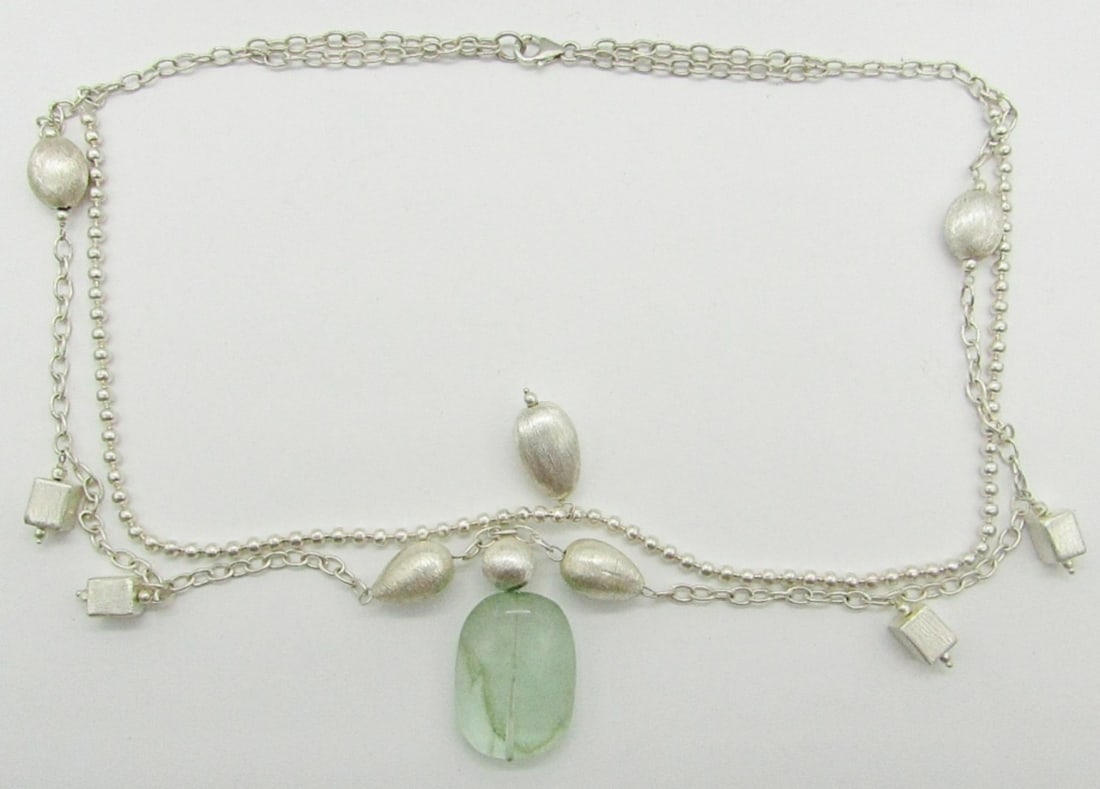 Prehnite Sterling Silver Drop Necklace: 20" Prehnite Stone & Sterling Necklace; Marked 925. 24dwt.