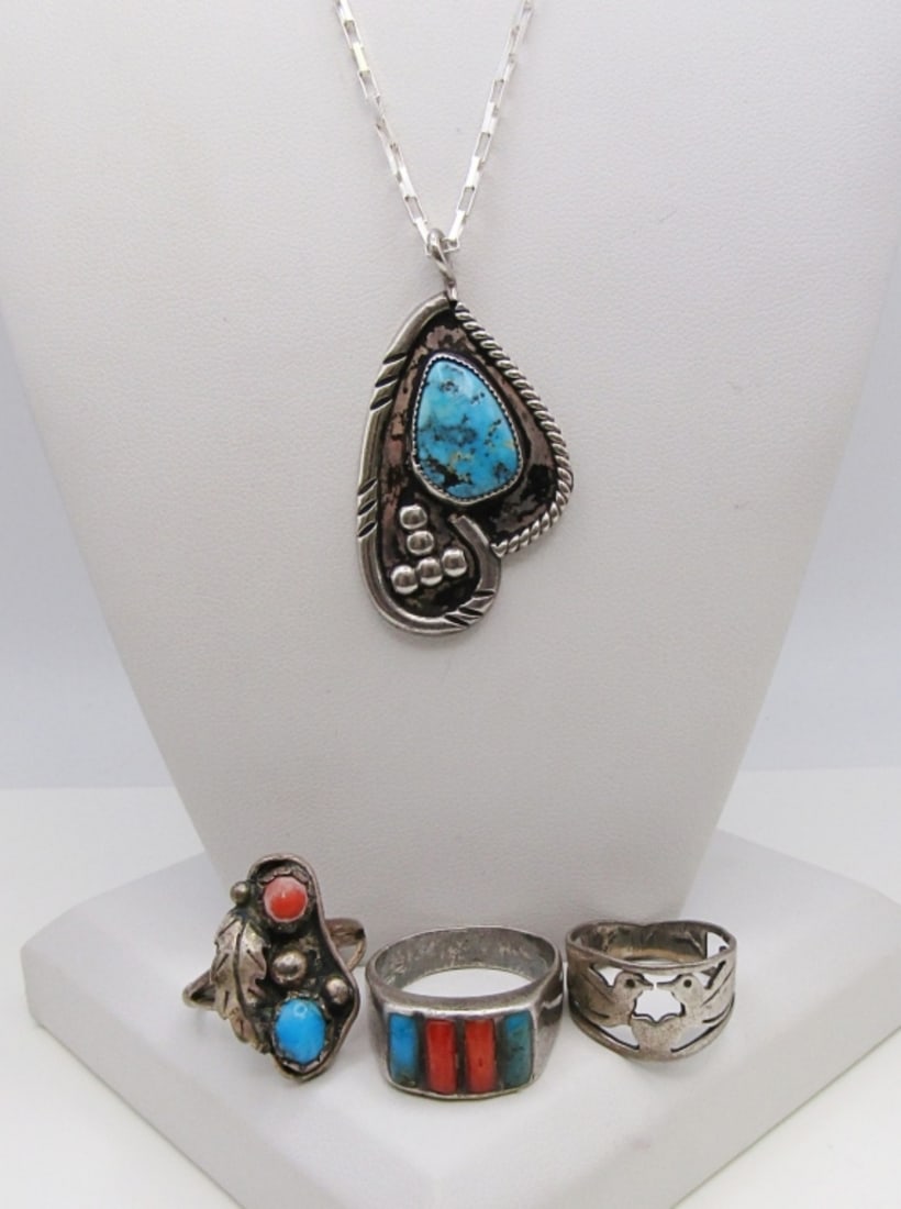 SOUTHWEST STYLE NECKLACE & (3) RINGS (1 of 5)