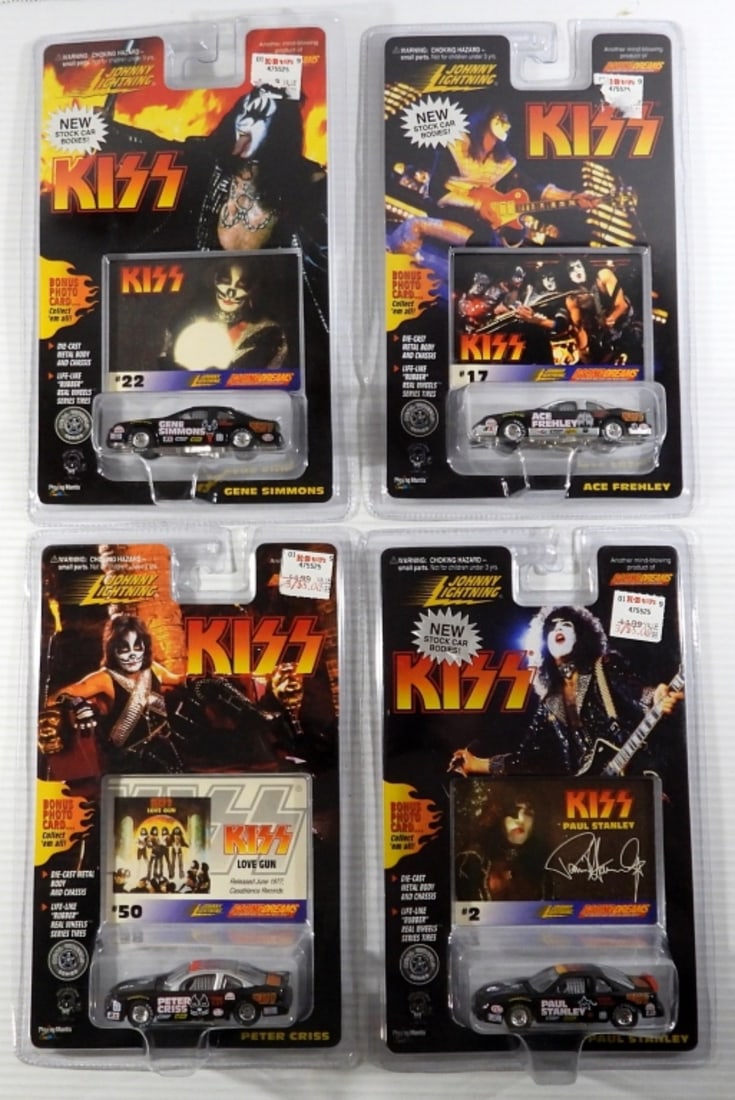 (4) VINTAGE KISS POP CULTURE CARS: FACTORY SEALED BRAND NEW 1997 - GENE SIMMONS, PETER CRISS, PAUL STANLEY, & ACE FREHLEY