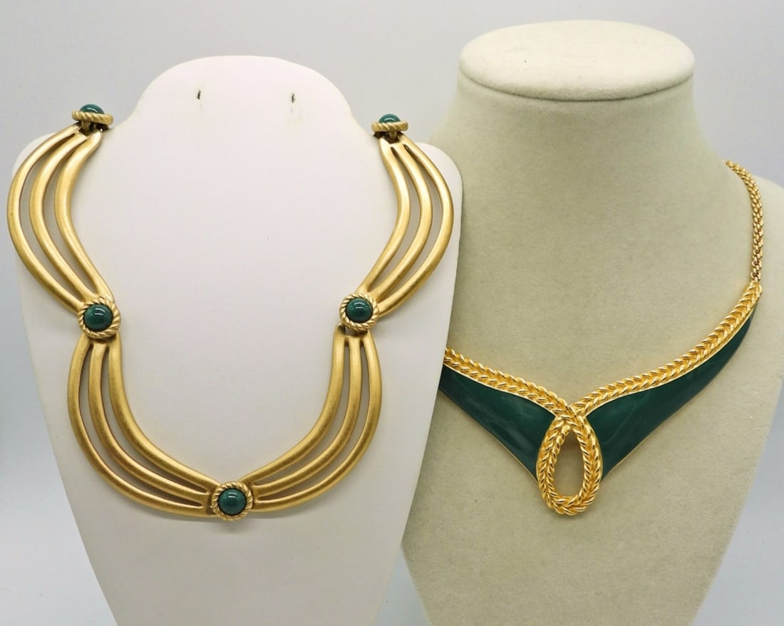 2 MONET BIB/TORQUE STYLE NECKALCE: Two Green and Gold Tone Bib Style Necklaces