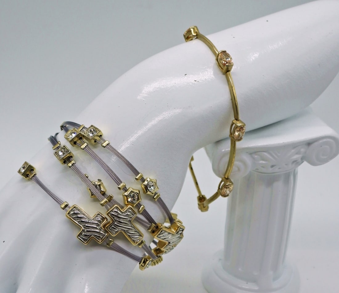 6 Gemstone Bracelets: Five Identical Gold and Silver Tone Cross & Gemstone Bracelets, 8". One Gold Tone Bracelet with beautiful Peach Colored Gemstones, 7.5".