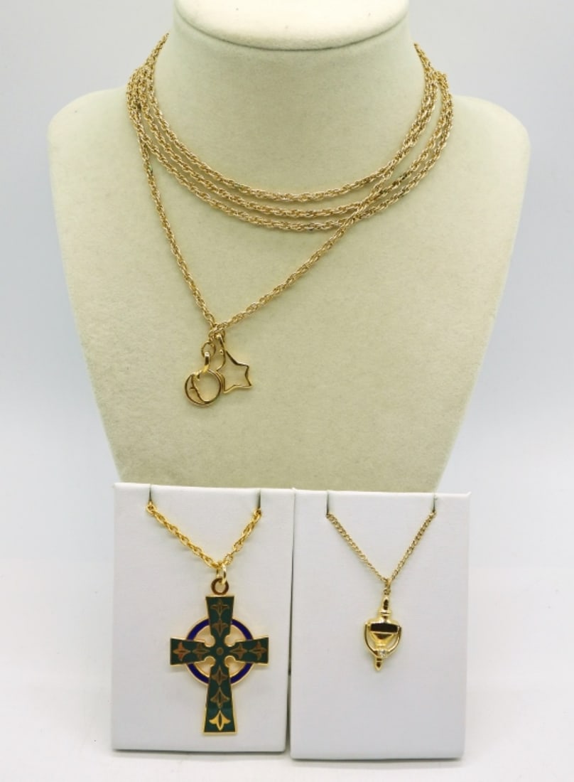 Celtic Cross, Lariat & Door Knocker Necklaces: Gold Tone Celtic Cross on a 24" Chain. Very Cool Door Knocker Pendant on an 18" Gold Tone Chain, "Aubrey" Brand. Gold Tone Lariat Necklace, 52" with Star and Moon.