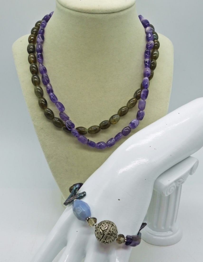 Amethyst/Labradorite Necklace & Bracelet: Double Strand Necklace, One strand is Amethyst & the other is Labradorite, 17". Bracelet is Chalcedony, Angelite, Amethyst, Pearl & Topaz, 8.5".