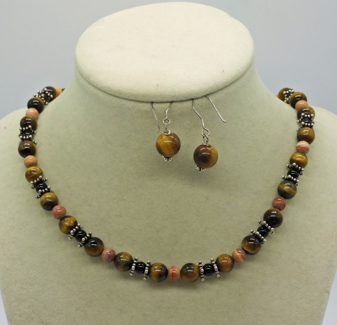 Tigers Eye Necklace & Earrings: Beaded Tigers Eye Necklace with Silver Accent Beads and Sterling Clasp, 18". Tigers Eye Drop Earrings.