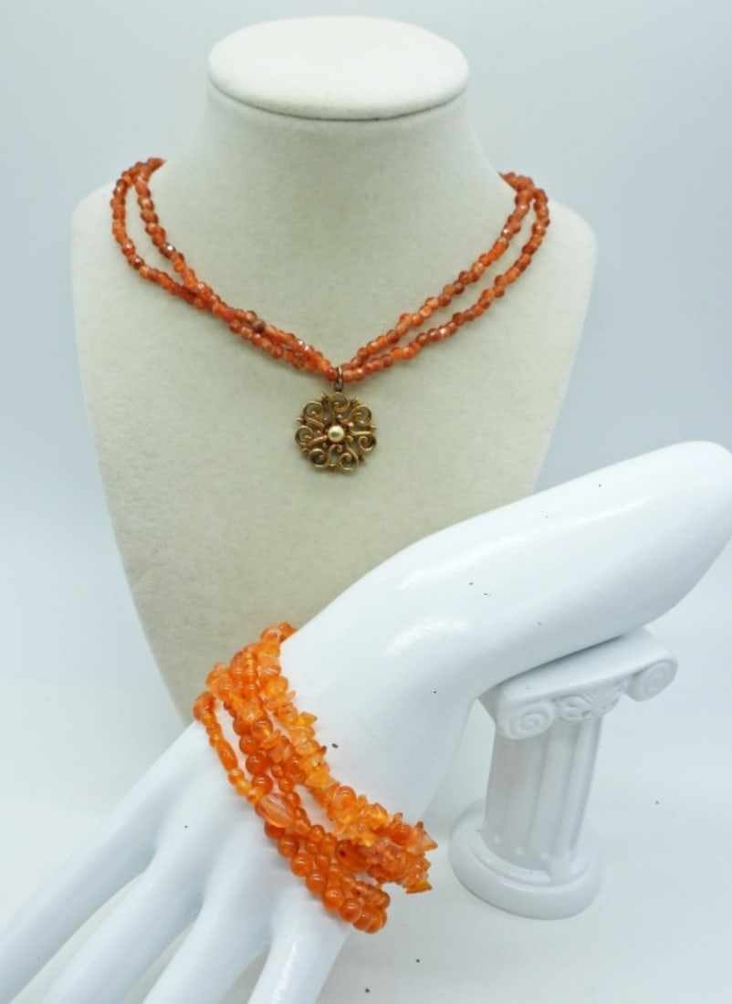 Carnelian Necklace & Bracelet Set: Vintage Carnelian Beaded Necklace with Gold Tone Pendant, 16-19" Adjustable. 8" Carnelian 5 Strand Bracelet.