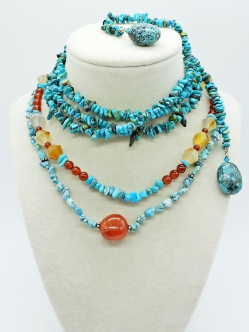 Carnelian & Turquoise Necklaces: Two Turquoise and Carnelian Gemstone Necklaces, 16" & 17". 22" Turquoise Lariat Necklace.