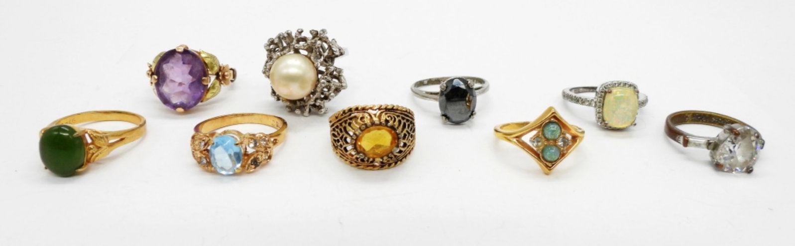 Vintage AVON Ring & 8 More: Nine Gemstone Fashion Rings in Gold and Silver Tone. Sizes 4.5-6. One AVON Ring, Gold Tone with Blue Gemstones.