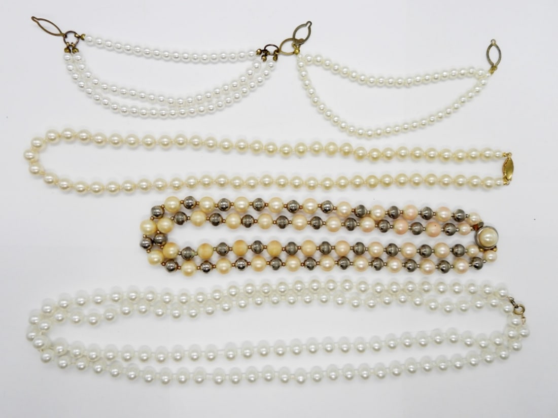 5 Piece Vintage Pearl Lot: Vintage Pearl Jewelry. Two Vintage Simulated Pearl, Button Down Collar/Sweater Clip. 47" Faux White Pearl Strand. Vintage strand of Natural Pearls, 23". Double Strand of Faux Pearl and Silver Tone Bea