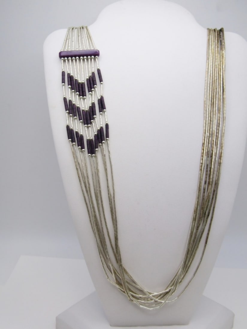 ASYMMETRICAL LIQUID STERLING NECKLACE: 21 DWT. 24" NECKLACE WITH PURPLE ACCENT BEADS. STAMPED STERLING