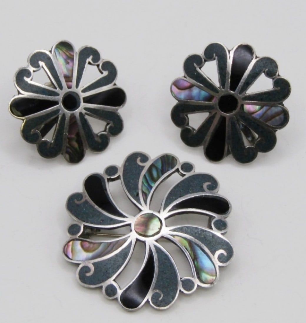 INLAY BROOCH PENDANT & EARRING SET: 7 DWT. 1.5" BROOCH PIN WITH PENDANT LOOP & 1" SCREWBACK EARRINGS. BOTH STAMPED 925