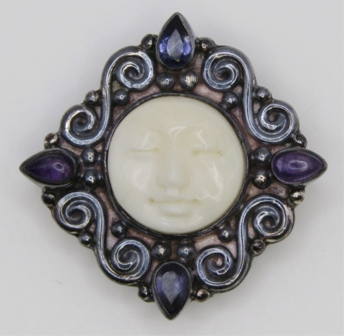SAJEN BALI CARVED MOON FACE PIN/PENDANT (1 of 2)