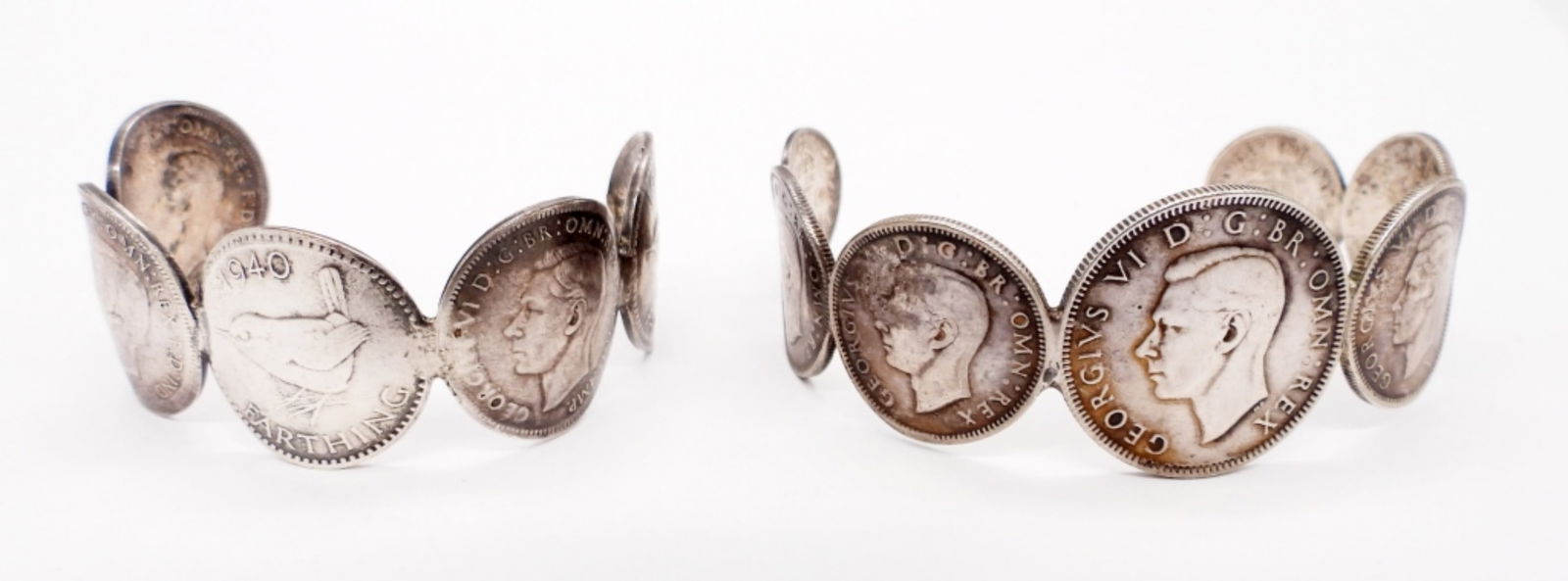 (2) Great Britian Coin Cuffs: Two Sterling Great Britian Coin Cuff Bracelets. Both Bracelets are made solely of Coins. 4" & 5". (22.6 DWT)