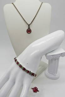 Sterling Ruby Gemstone Set: Sterling Ruby Gemstone Ring Size 8, Matching 7" Bracelet and 20 inch Sterling Ruby Colored Gemstone Necklace. 23.6DWT