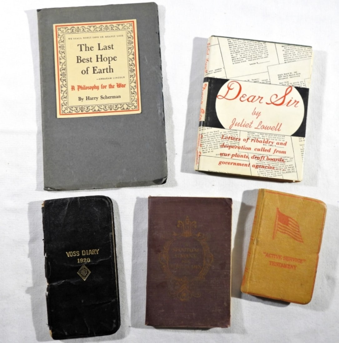 VINTAGE BOOK LOT - ACTIVE SERVICE BIBLE: TESTAMENT, SPIRITUAL ALMANAC FOR SERVICEMEN, THE LAST BEST HOPE OF EARTH, DEAR SIR by JULIET LOWELL & VOSS DIARY 1920