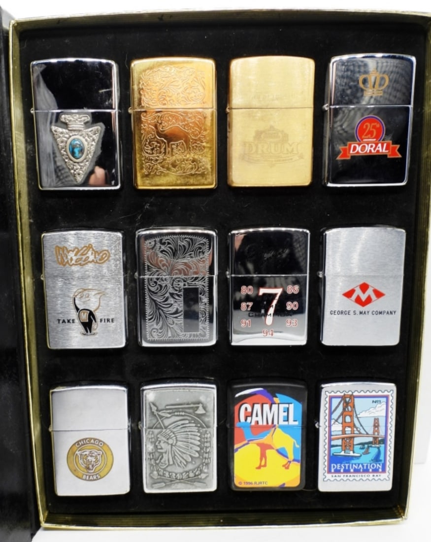 (12) ZIPPO LIGHTERS IN A COLLECTORS CASE (1 of 3)
