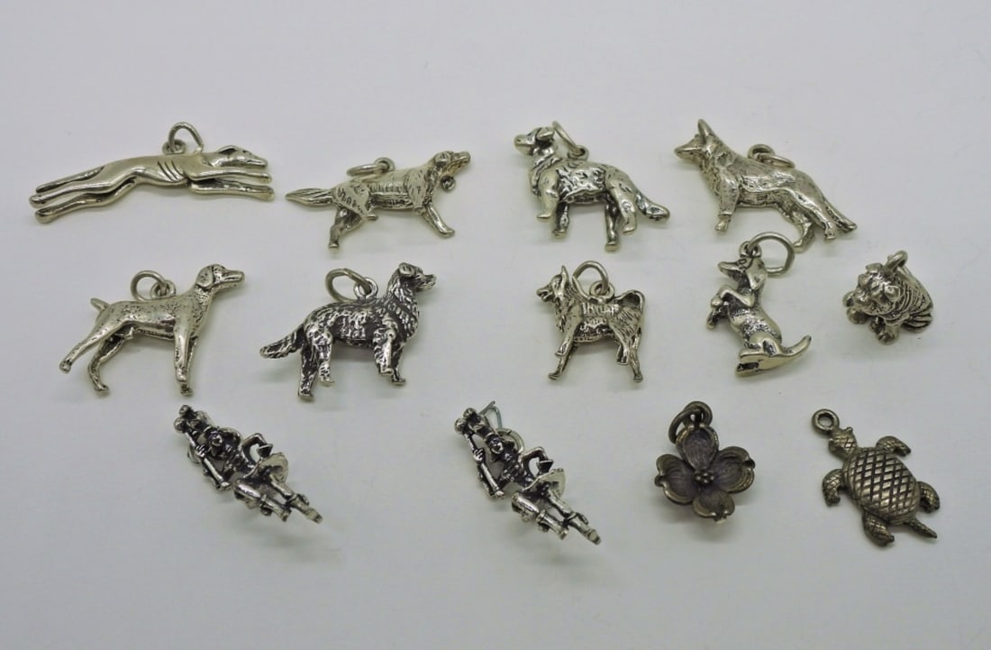 13 Sterling Charms: Thirteen Sterling Silver Charms for Charm Bracelets or Necklaces. 9 Dogs, Flower, Turtle & 2 Majorettes. 28.8 DWT