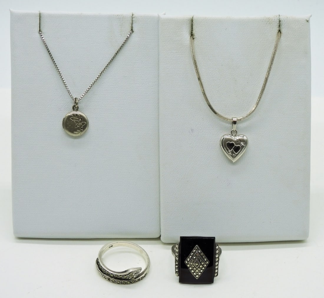 Lockets & Rings 925: Two Tiny Sterling Lockets on 18" & 20" chains. Two Sterling Rings Size 7. 10.4 DWT