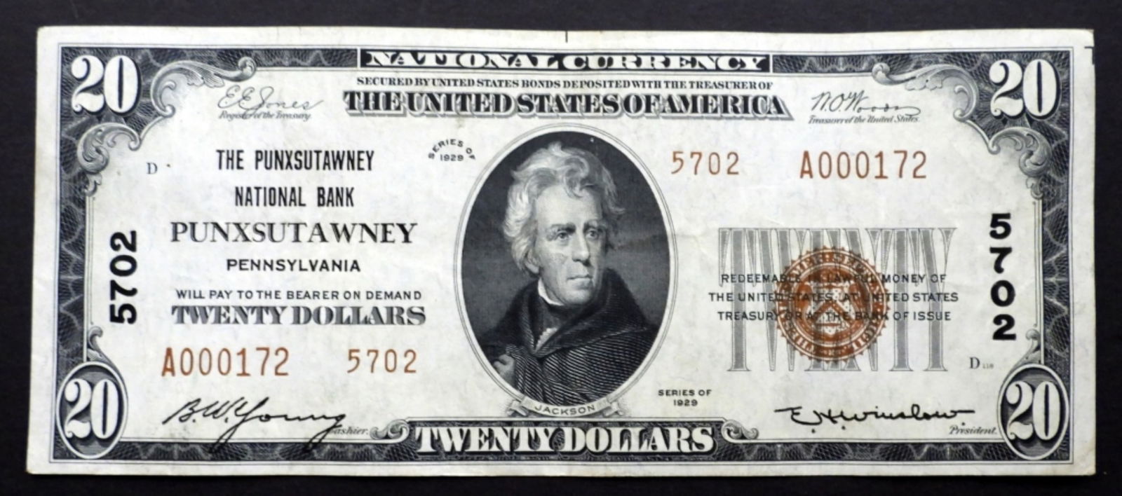 1929 $20 NATIONAL CURRENCY PUNXSUTAWNEY (1 of 2)