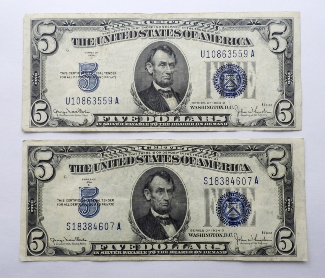 (2) 1934 $5 SILVER CERTIFICATES (1 of 2)