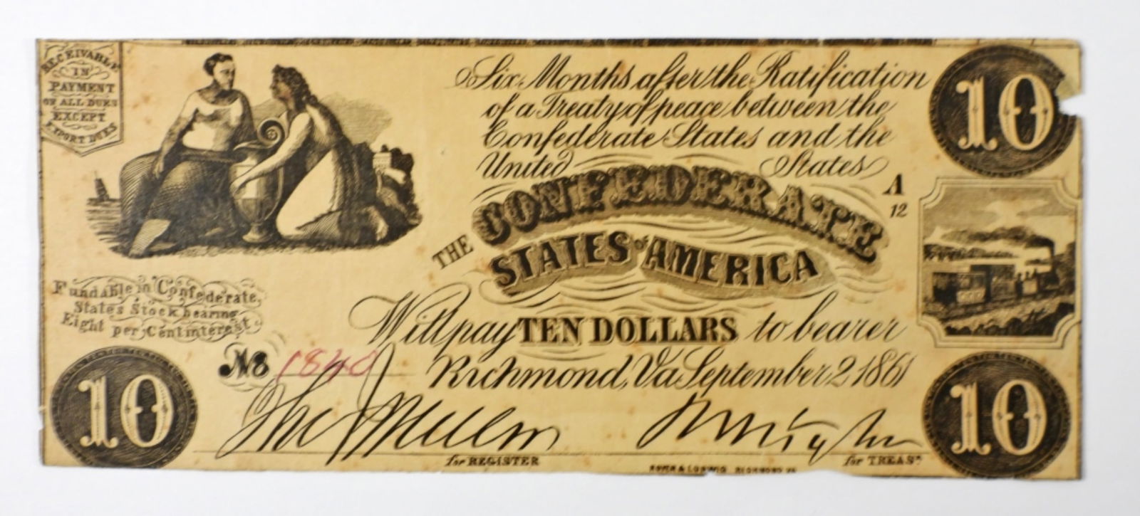 1861 $10 CONFEDERATE STATE OF AMERICA: TEN DOLLARS, RICHMOND, VA, SEPTEMBER 2 1861