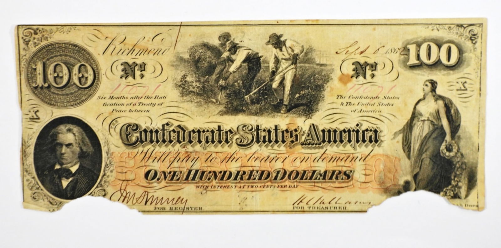 1862 $100 CONFEDERATE STATE OF AMERICA (1 of 3)