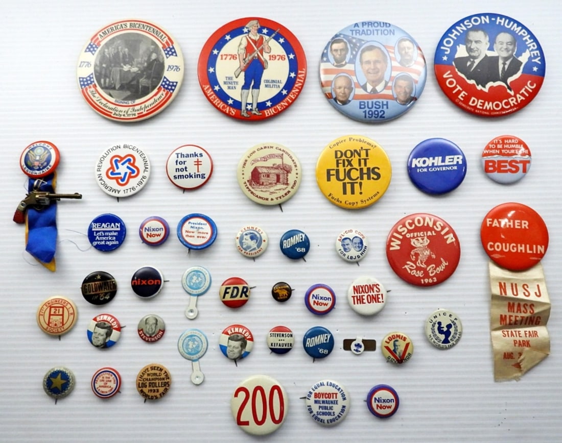 POLITICAL & NOVELTY BUTTON LOT - NIXON: FDR, KENNEDY, ROMNEY, LEGIONNAIRE w/ MINI GUN & MORE (42) TOTAL