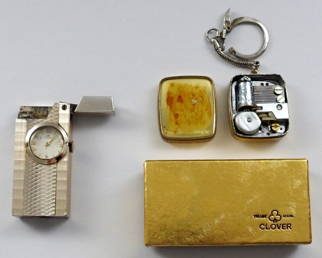 BUCHERER WATCH LIGHTER WIND-UP: NEED REPAIRED plus WIND-UP MUSICAL KEY CHAIN works but missing decorative cover