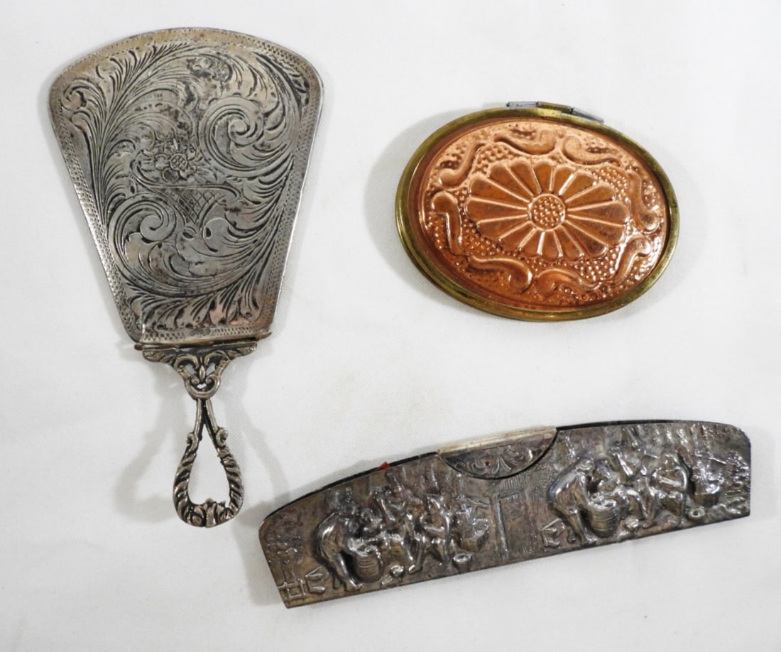 ANTIQUE MIRROR & COMB LOT: COMB is not complete / broke CASE NICE; HAND MIRROR weak at handle; FLIP OPEN MIRROR 2 SIDED