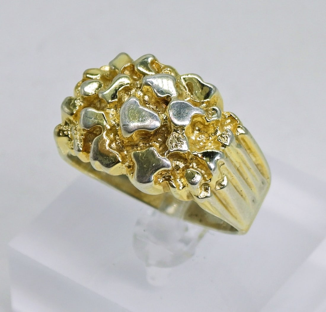 Men's Sterling Gold Nugget Ring: Sterling Men's Ring, Size 15 with Gold Tone, Gold Nugget Top. 7.5 DWT