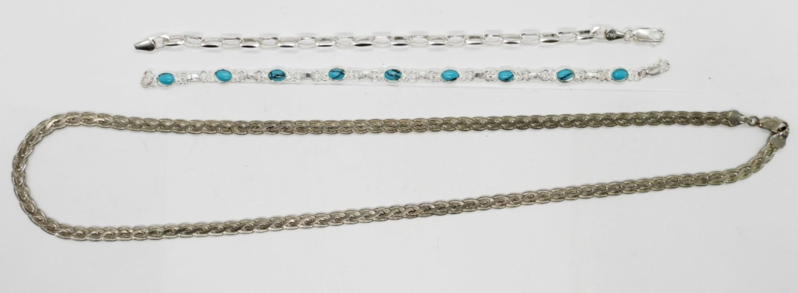 STERLING NECKLACE & (2) BRACELETS: 25 DWT. ALL STAMPED 925. 24" NECKLACE, (2) 7.5" BRACELETS.