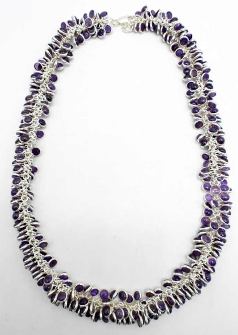 PURPLE STONE STERLING NECKLACE: 30DWT, 19 1/2IN LONG WITH LOBSTER CLASP STAMPED 925