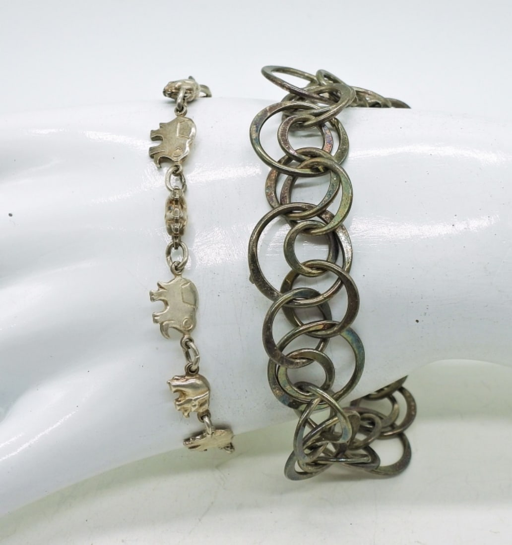 2 Vintage Sterling Bracelets: Two Lovely Vintage Sterling Bracelets, Elephants and Circles. 7" & 7.5". 18 DWT