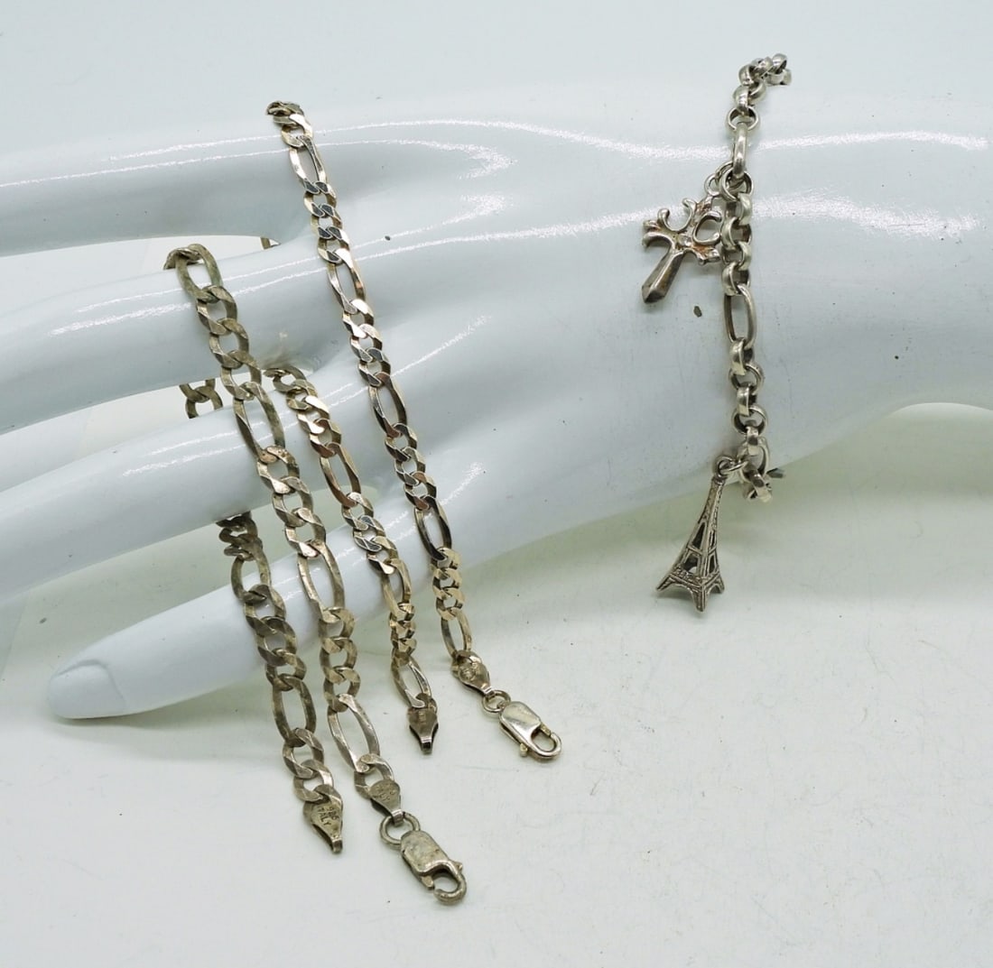 3 Sterling Chain Bracelets: Three Sterling Bracelets, 7", 8", 9". 14.5 DWT