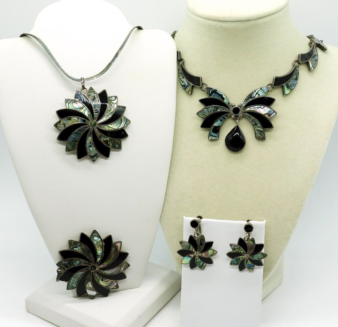 Vintage Abalone Onyx Pinwheel Set 925 (1 of 5)