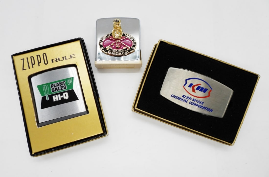 (2) ZIPPO MEASURING TAPES, (1)POCKET KNIFE: 2 IN ZIPPO BOXES, ALL DIFFERENT ADVERTISING
