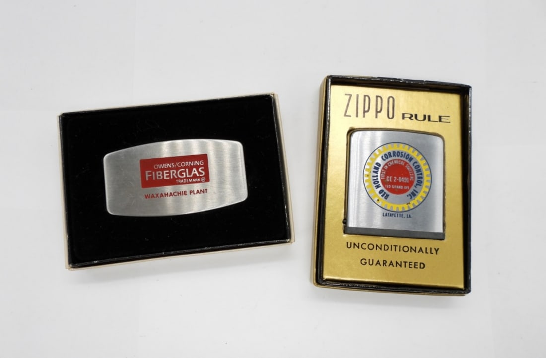 1 ZIPPO MEASURING TAPE, 1 POCKET KNIFE: EACH IN ITS OWN ZIPPO BOX, ADVERTISING ON BOTH