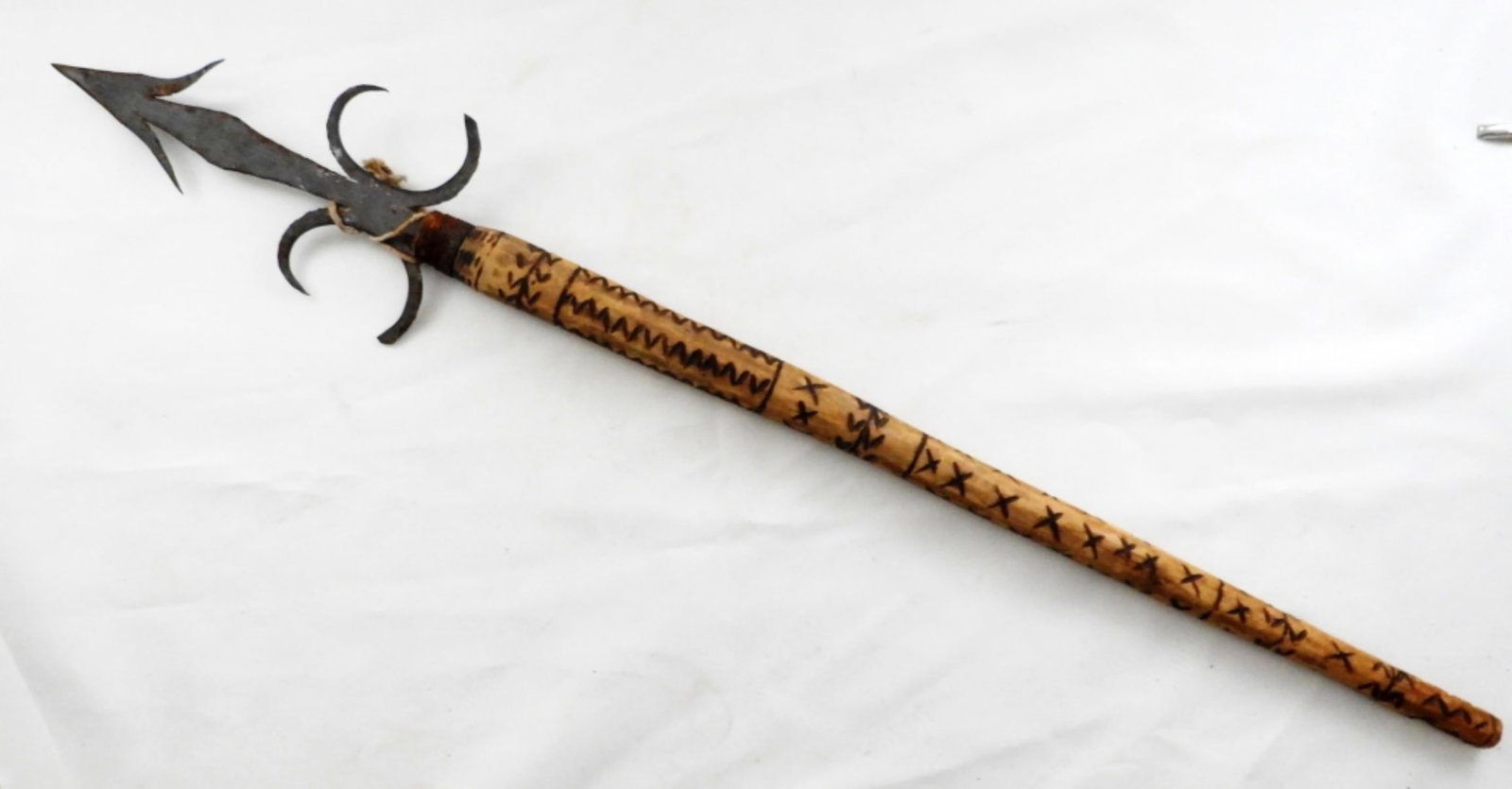 HANDMADE METAL SPEAR: 29" LONG, SPEAR BLADE 8" LONG, WOODED HANDLE CRAVED