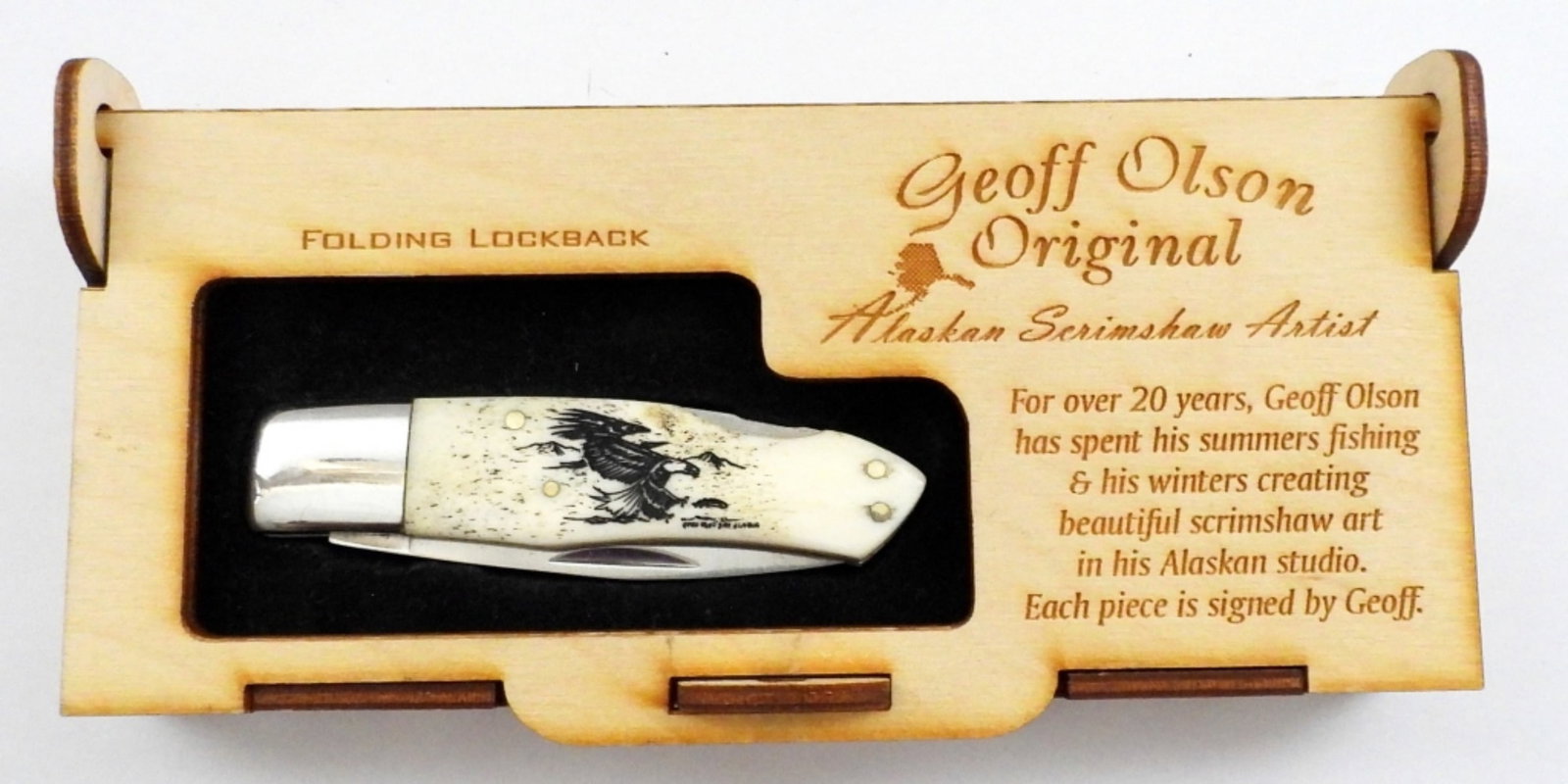 GEOFF OLSON ORIGINAL ALASKAN SCRIMSHAW: GEOFF OLSON ORIGINAL ALASKAN SCRIMSHAW ARTIST FOLDING LOCKBACK KNIFE, RARE! - BRAND NEW IN ORIGINAL DISPLAY WOODEN BOX