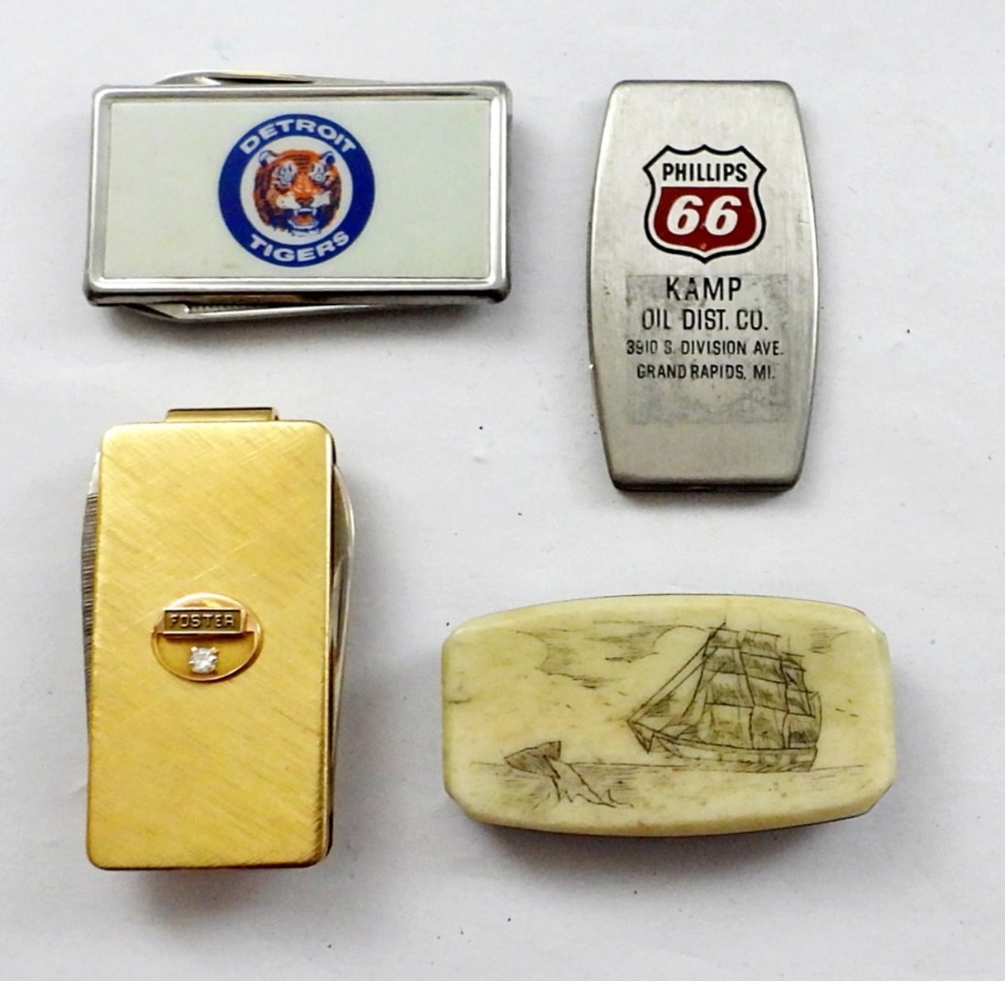 PHILLIPS 66, DETROIT TIGERS, SCRIMSHAW: FOSTERS - NICE MONEY CLIP / POCKET KNIFE LOT