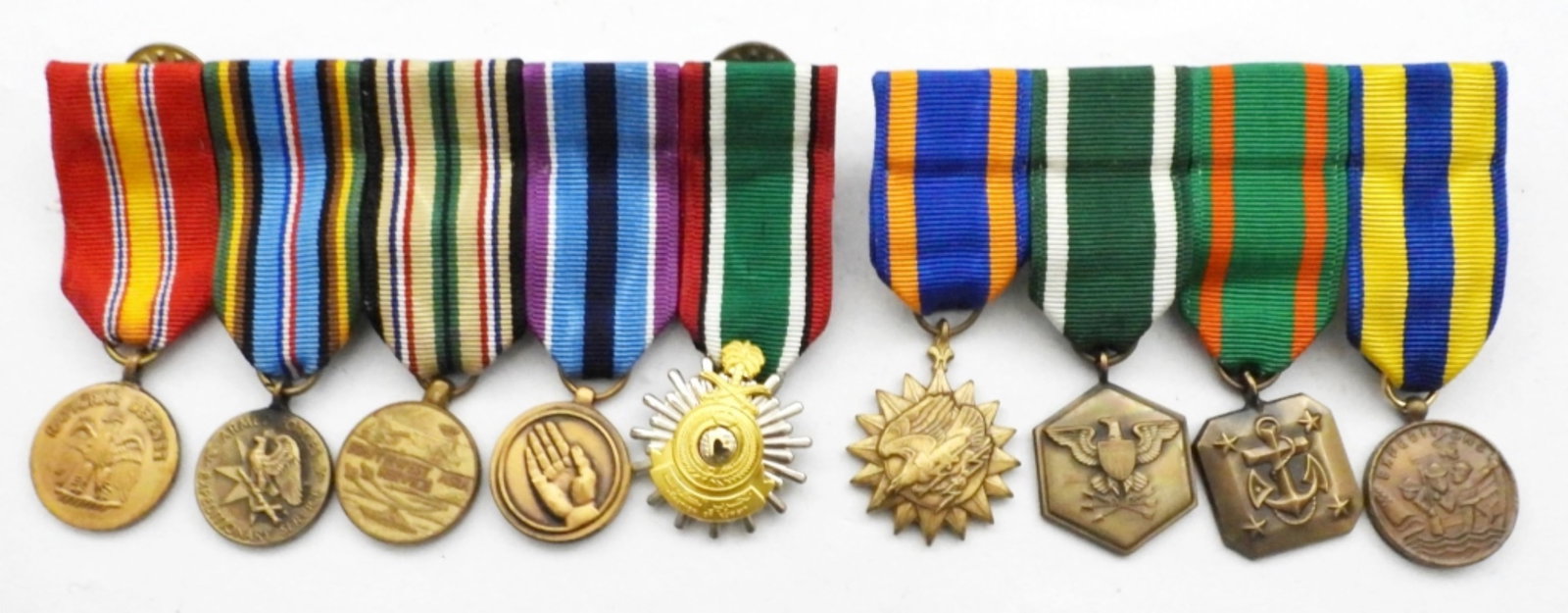 (9) MILITARY MINIATURE RIBBONS: ALL DIFFERENT - MILITARY MERIT, EXPEDITIONS, NATIONA DEFENSE, LIBERATION of KUWAIT, EXPERT PISTOL SHOT, HUMANITARIAN, ARMED FORCES, SOUTHWEST ASIA & MORE - NICE LOT