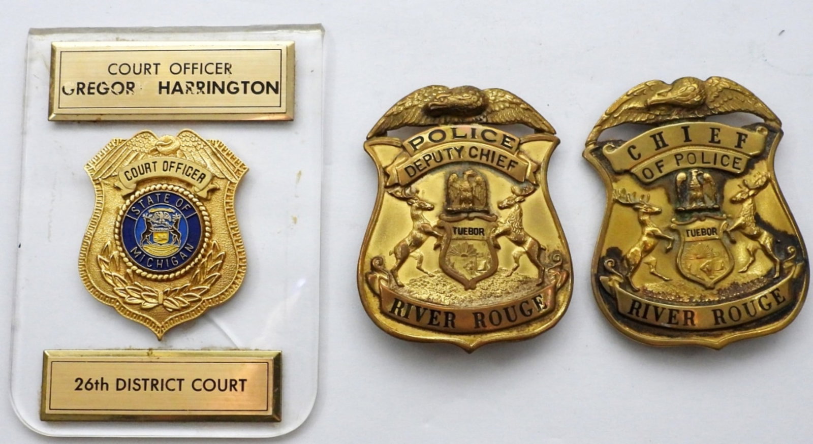 (3) POLICE / COURT / DEPUTY BADGES: (1) CHIEF (1) DEPUTY of RIVER ROUGE (1) COURT OFFICER STATE of MICHIGAN