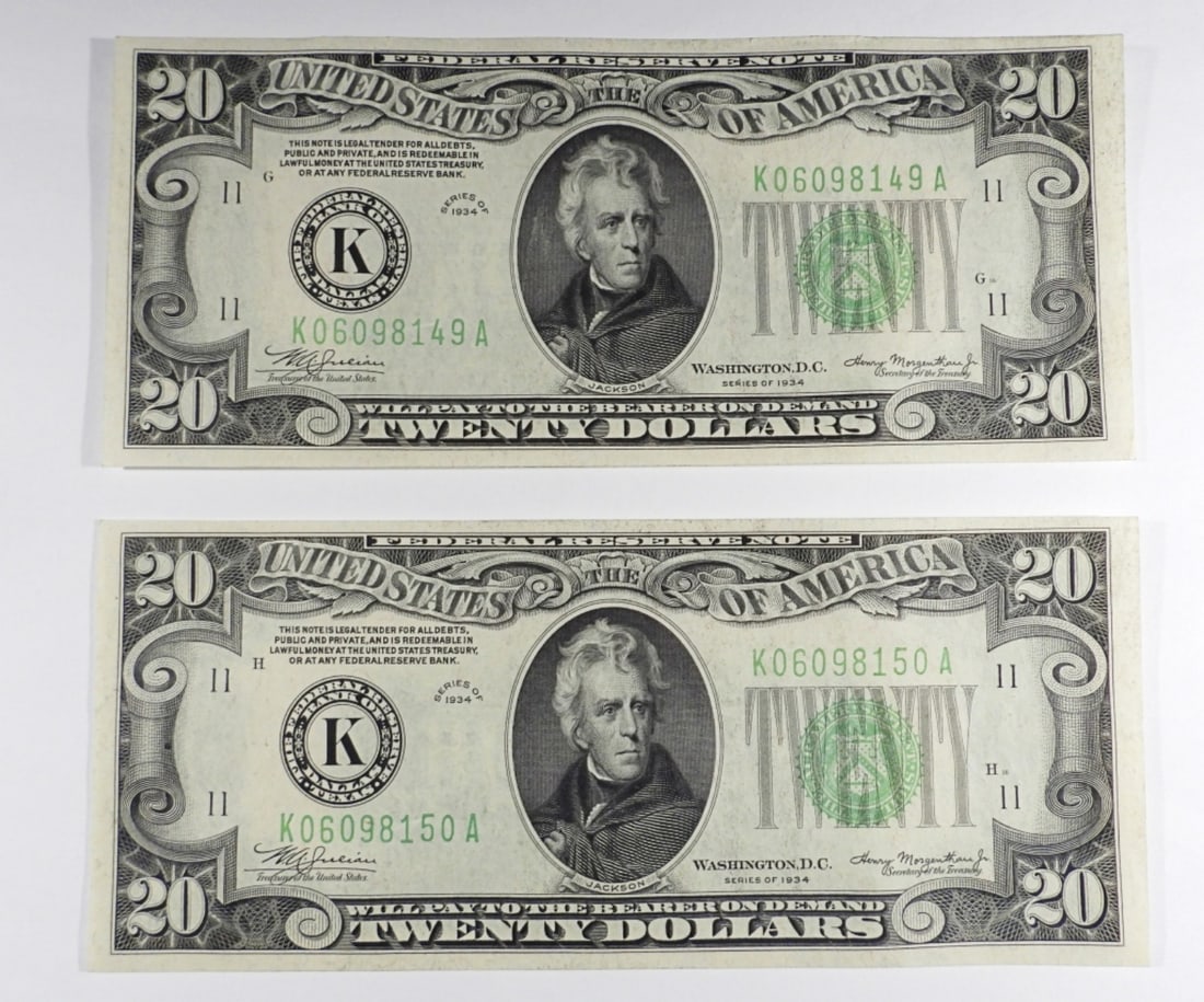 2 1934 CONSECUTIVE $20 FEDERAL RESERVE NOTE (1 of 2)
