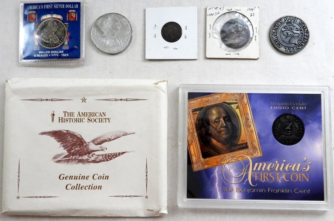 (2) STORE TOKENS FOR GOODS & NOT ONE: CENT plus REPLICA FUGIO CENT, REPLICA FIRST DOLLAR, REPLICA CONTINENTAL CURRENCY COIN