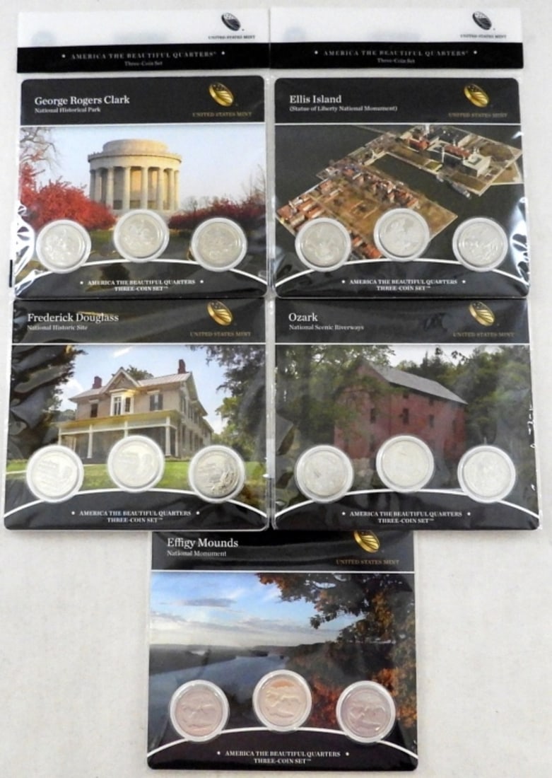 (5) 2017-P,D,S ATB U.S. MINT 3-COIN SETS: EFFIGY MOUNDS, FREDERICK DOUGLASS, OZARK, ELLIS ISLAND, & GEORGE ROGERS CLARK. AMERICA THE BEAUTIFUL QUARTERS SEALED IN MINT PACKAGING W/ COA