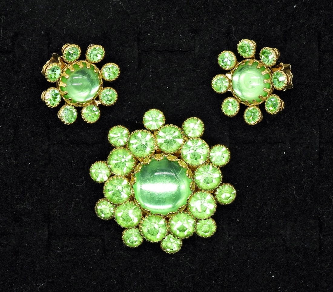 Vintage Green Pin & Earrings-Uranium Glass (1 of 3)