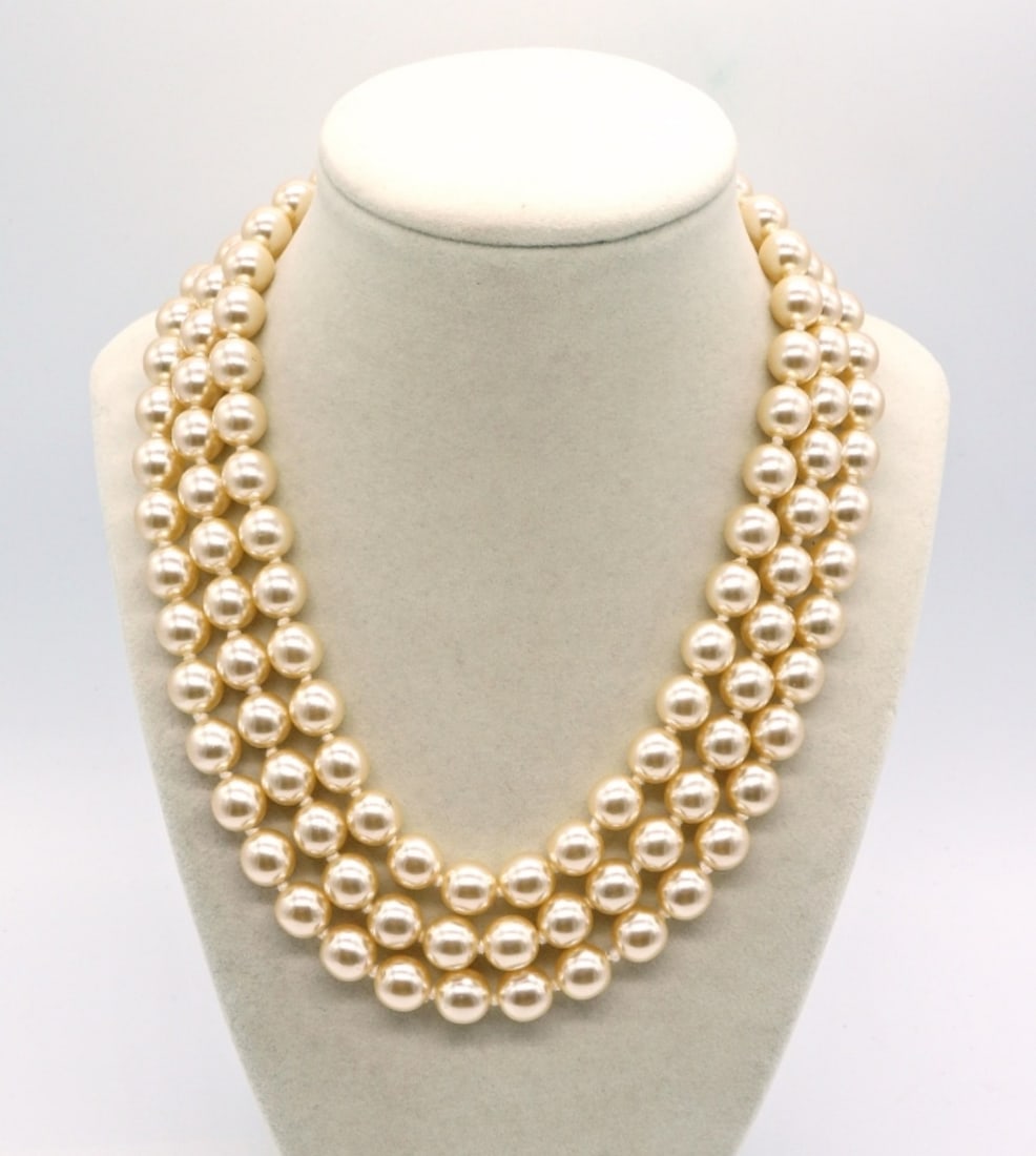 KJL 3 Strand Faux Pearls: Kenneth Jay Lane, 3 Strand Faux Pearls. Very Good Condition with a Good Bit of Weight.17"